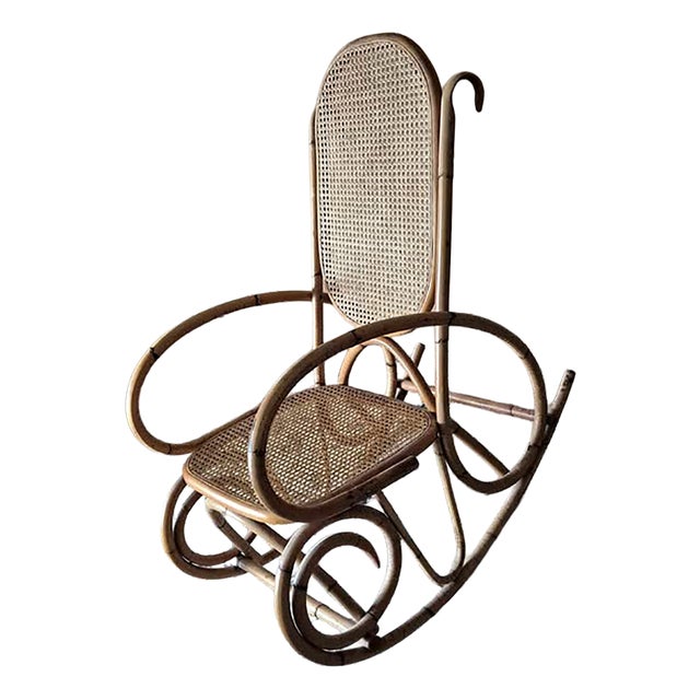 Vintage French Riviera Rattan and Cane Rocking Chair, 1950s For Sale