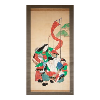 Antique Japanese Scroll Painting "Minister Takenouchi No Sukune and Empress Jingū" For Sale