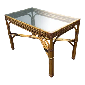 1950s Restored Glass Top "X" Base 3-Strand Rattan Dining Table