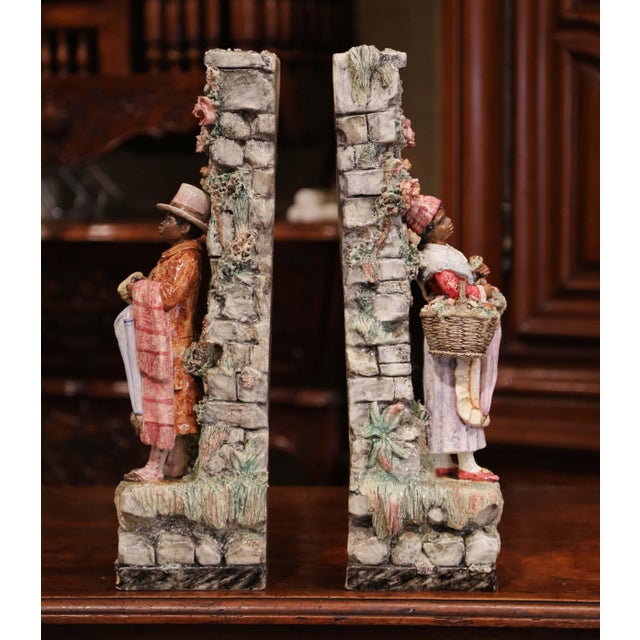 Early 20th Century Pair of 19th Century French Barbotine Figural Majolica Vases For Sale - Image 5 of 12