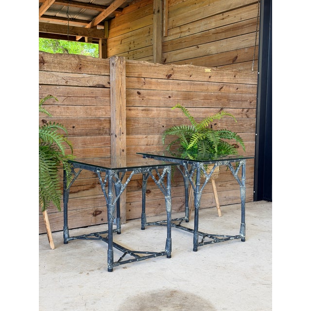 Pair Vintage Coastal Faux Bamboo Aluminum Side Tables With Glass Tops For Sale - Image 12 of 12