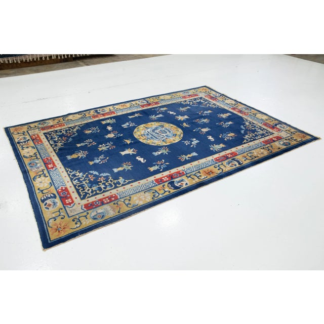 Chinese 1920s Antique Peking Designed Chinese Wool Rug Handmade in Blue For Sale - Image 3 of 9