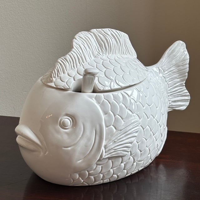 Vintage Hand Painted Ceramic Fish Tureen & Ladel For Sale - Image 4 of 16