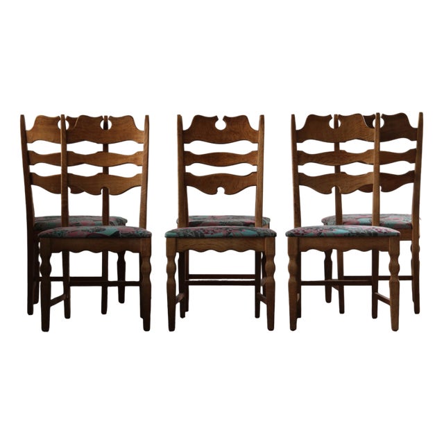 Vintage Danish Highback Razorblade Chairs in Light Oak by Kjærnulf, 1960s, Set of 6 For Sale