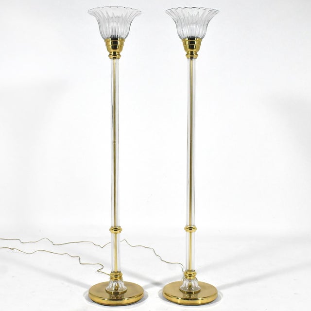 Brass Pair of Vetri Artistica Murano Glass and Brass Torchiers For Sale - Image 8 of 10