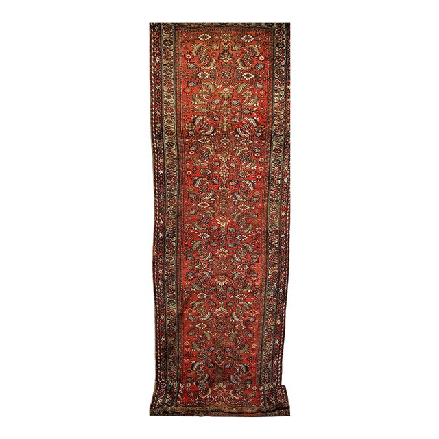 19th Century Persian Farahan Wide Runner, Hand-Knotted Wool, Allover Herati Geometric Pattern, Red & Green, 4x14 For Sale