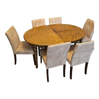Vintage Oak Oval Extension Dining Table With 6 Tufted Upholstered Chairs For Sale
