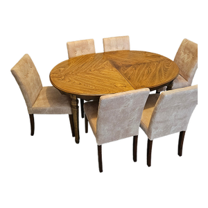 Vintage Oak Oval Extension Dining Table With 6 Tufted Upholstered Chairs
