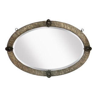 Antique, Arts & Crafts Metal Hammered Oval Beveled Mirror For Sale