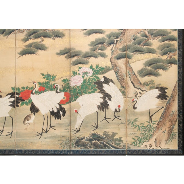 XL Meiji Era Japanese Byobu Screen "Landscape With Red-Crowned Cranes" in Yamato-E Style For Sale - Image 4 of 12