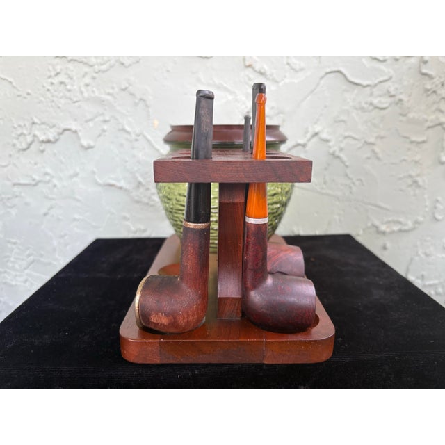 1970s Vintage Fairfax Smoking Set With Green Textured Glass Tobacco Jar and Wooden Pipe Rack, Mid-Century Modern For Sale - Image 5 of 12