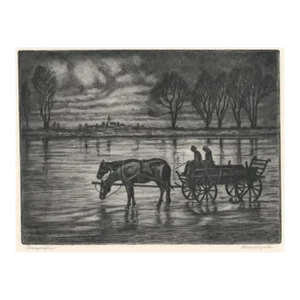 1920s Conrad Gyula Landscape With Horse and Cart Etching