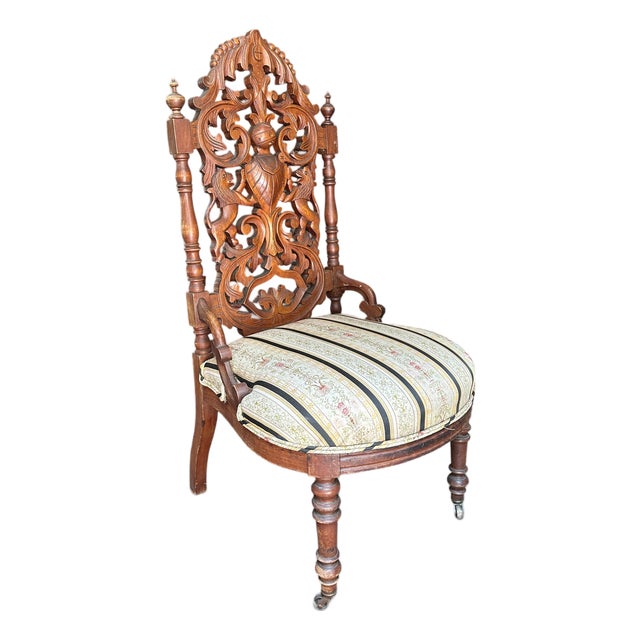 19thC Victorian Renaissance Revival Carved Walnut Armorial Slipper Chair. For Sale