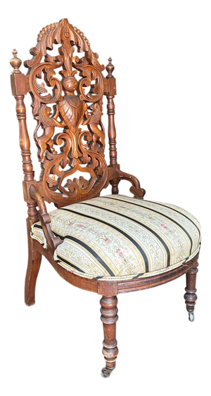19thC Victorian Renaissance Revival Carved Walnut Armorial Slipper Chair.