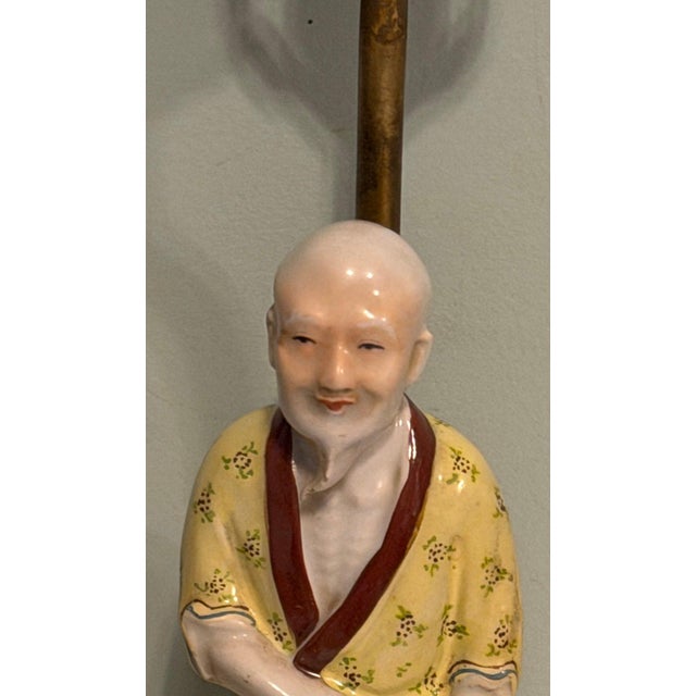 Metal Vintage Chinese Famille Rose Fisherman Lamp Hand-Painted Porcelain Undrilled Figurine For Sale - Image 7 of 12
