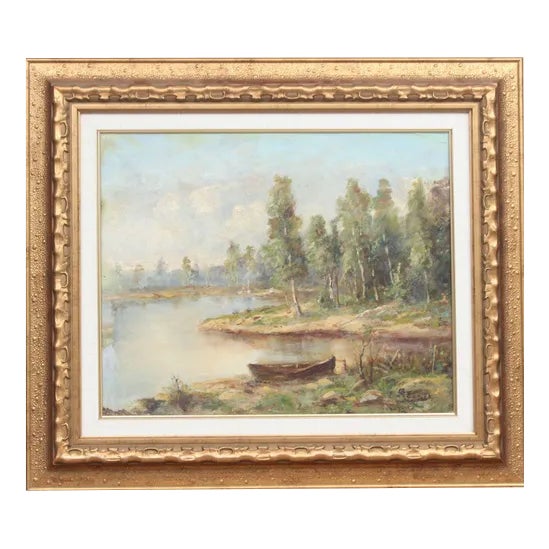 Landscape with a Lake, Oil on Board, 20th Century For Sale