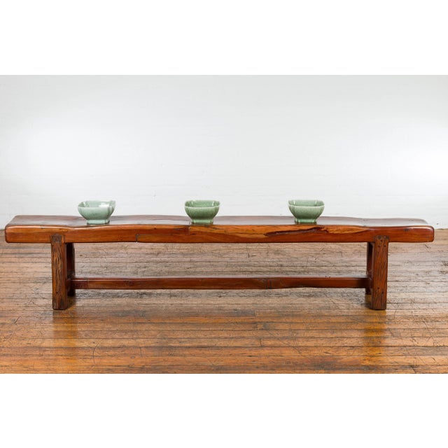 Rustic Long A-Frame Wooden Bench with Cross Stretcher and Splaying Legs For Sale - Image 4 of 12