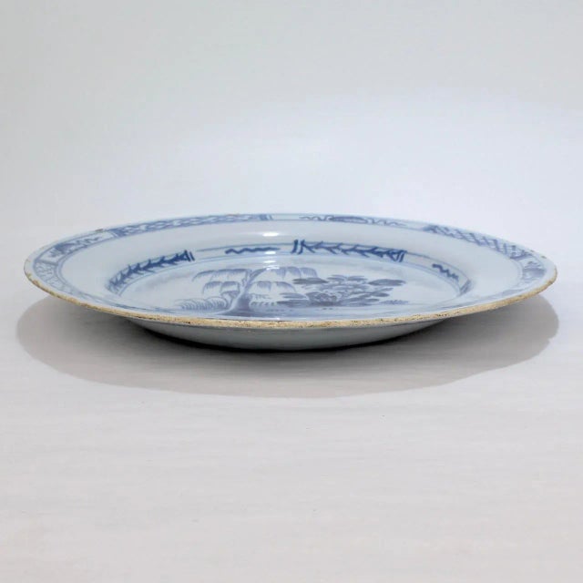 Chinoiserie Antique 18th C English Delft Chinoiserie Plate With Willow Tree & Lotus Bush For Sale - Image 3 of 13