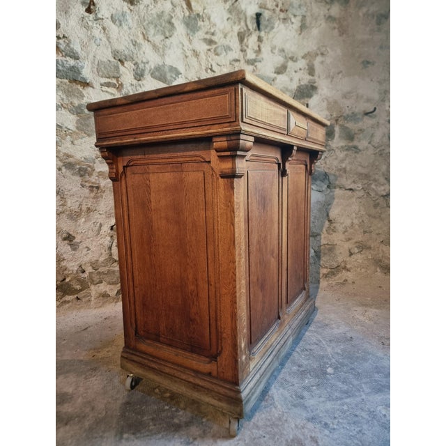 Antique French Oak Shop Counter Kitchen Island on Castors, 1880 For Sale - Image 10 of 18