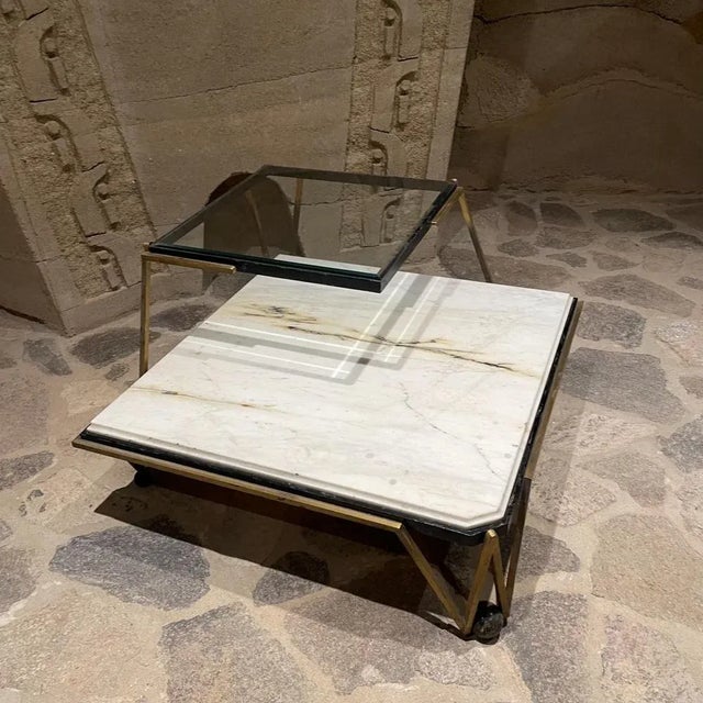 AMBIANIC presents Exceptional Corner Table in Marble and Bronze Arturo Pani Mexico 1950s 20 tall 32.5 x 32.5, tier 1 10.5...