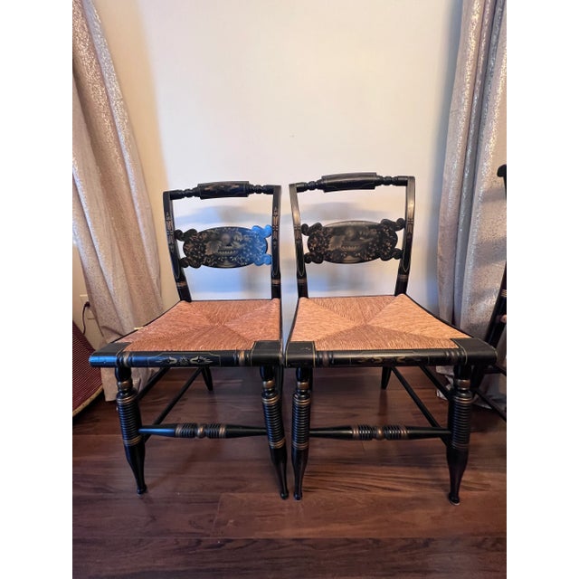 Hitchcock chairs from my antique-dealer-mother’s estate. Stenciled Backs High Quality Construction Rush Seats in excellent...