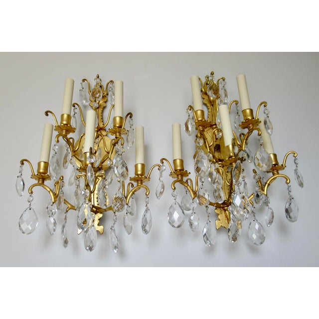 Late 19th Century Late 19th Century French Victorian -Style, Gilded Gold & Crystal Drop 5--Candelabra Wall Light Sconces - Pair For Sale - Image 5 of 17
