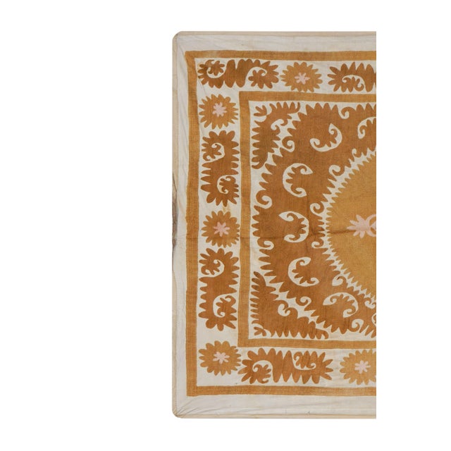 Caramel Toned Suzani Throw Blanket | Hand Embroidered Boho Wall Art 4'4'' X 5'2'' For Sale - Image 4 of 14