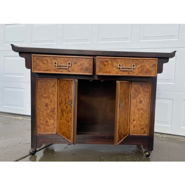 1970s Bernhardt Art Deco burl wood bar cabinet, very unique and rich, stands on its original wheels.