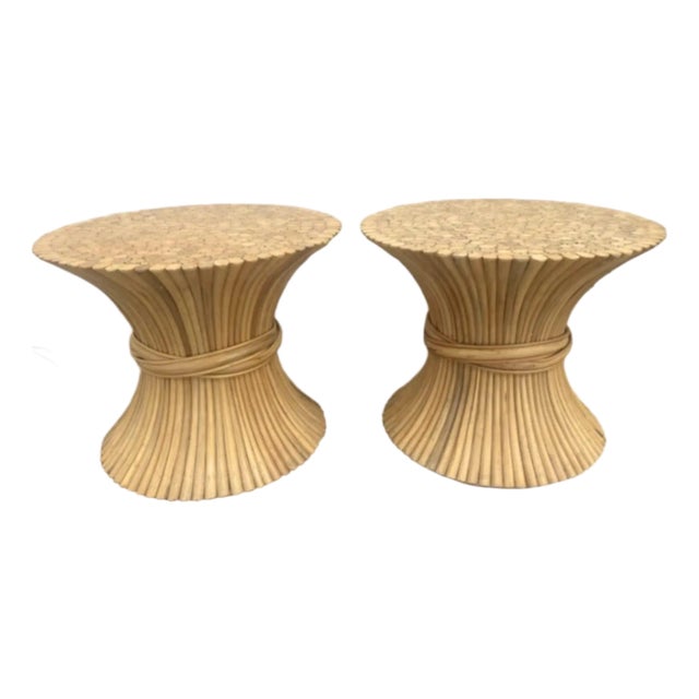 Vintage Pair of McGuire Style Sheaf of Wheat Pedestal Tables For Sale