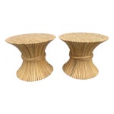 Vintage Pair of McGuire Style Sheaf of Wheat Rattan Tables For Sale