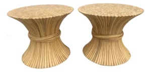 Vintage Pair of McGuire Style Sheaf of Wheat Rattan Tables