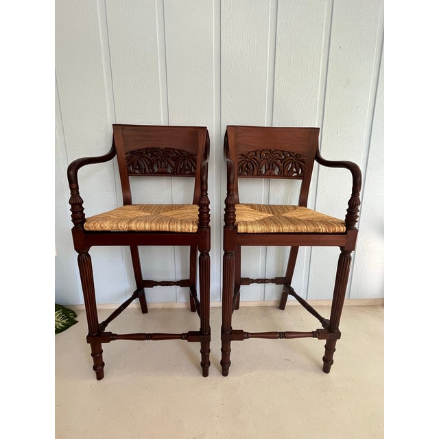 Brown 1990s Pair of Mahogany Counter Stools-Woven Rush Seat-Ornate Carving Back-High Quality Special Armchairs For Sale - Image 8 of 11