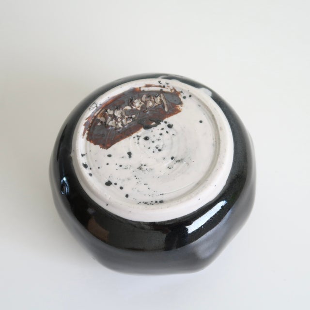 Signed Studio Pottery Lidded Ceramic Round Jar With Abstract Floral Finial in Monochromatic Black Glaze For Sale - Image 16 of 16