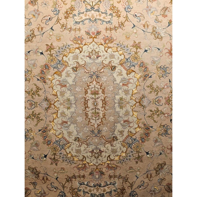 Persian Tabriz Rug, Hand-Knotted Wool & Silk, Floral Design Taupe & Pale Green, 7x10 For Sale - Image 13 of 18
