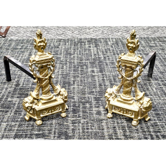 Pair Antique French Neoclassical Cast Brass Andirons For Sale - Image 9 of 12