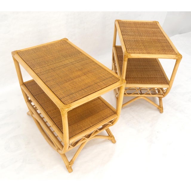Pair Rattan Bamboo Grass Cloth Top Two Tier End Side Tables Stands Magazine Rack For Sale - Image 14 of 14