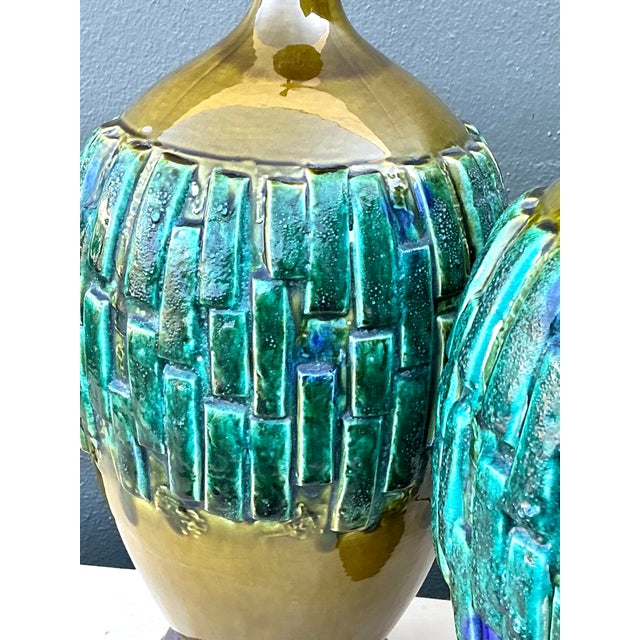 Wood Vintage MCM Glazed Ceramic Lamps - A Pair For Sale - Image 7 of 9