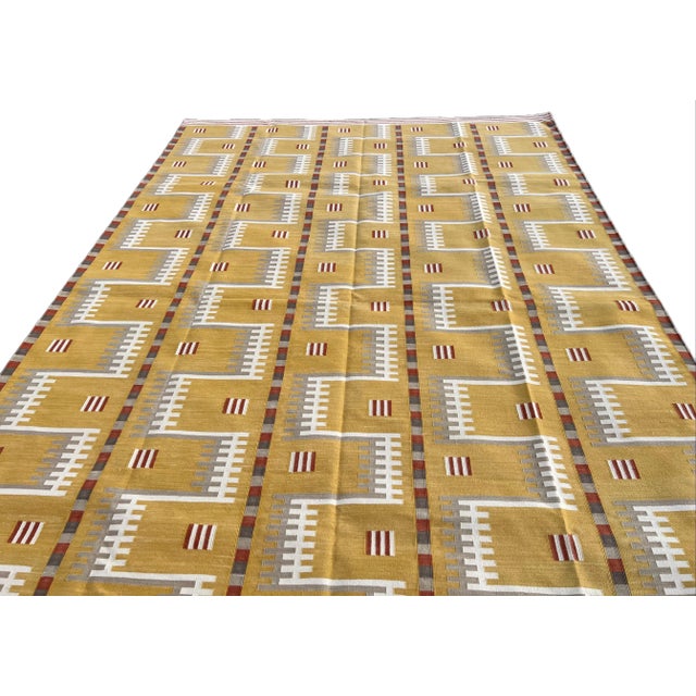Mustard Handwoven Cotton Area Rug Natural Vegetable Dyed Mustard Beige Cream & Red Marianne Geometric Dhurrie - 6'x9' For Sale - Image 8 of 11