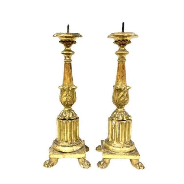 Italian Italian Carved and Gilded Wooden Pricket Candlesticks, a Pair For Sale - Image 3 of 13