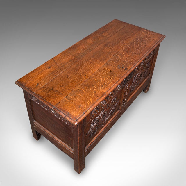 Wood Large Antique Carved Coffer, English Oak, Blanket Chest, William Iii, Circa 1700 For Sale - Image 7 of 12