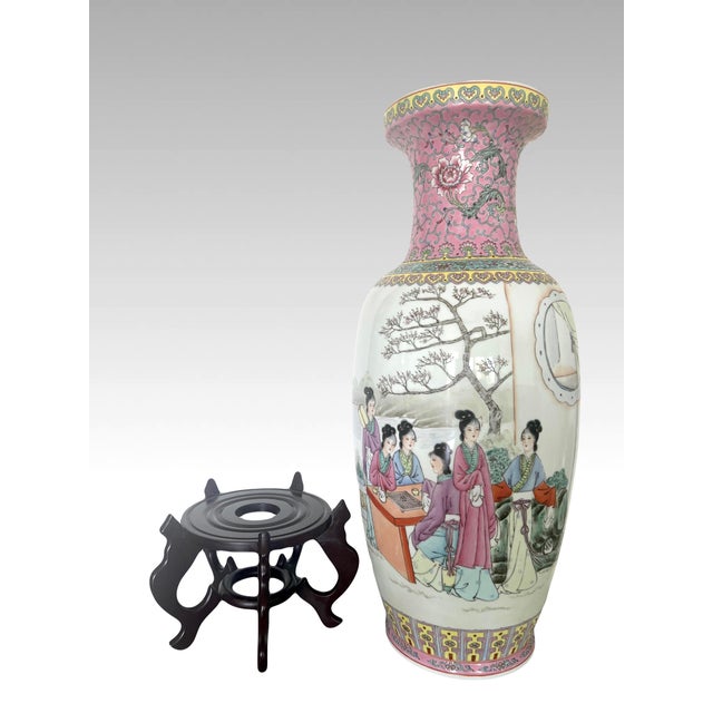 Ladies in the Summer Garden, Large Chinese Qianlong Famille Rose Baluster White Porcelain Floor Vase, Republic Period, Wood Stand For Sale - Image 10 of 11