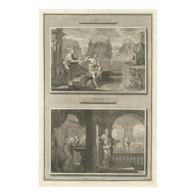 Pieter Mortier, David Sees Bathsheba and Nathan Rebukes David, 1700, Engraving For Sale
