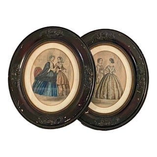 Ornate Oval Framed Dress Design Illustrations - A Pair For Sale