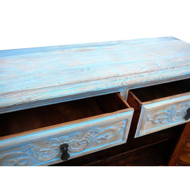 1980s Oriental Floral Shabby Chic Rustic Light Blue High Credenza Cabinet For Sale - Image 5 of 10