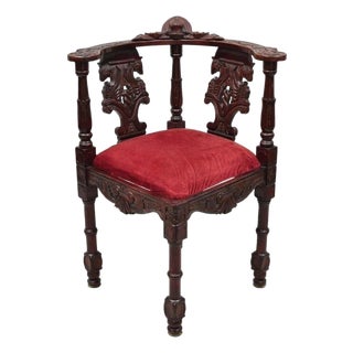 Late 20th Century Reproduction Italian Renaissance Style Mahogany Corner Side Chair W/ Carved Face For Sale