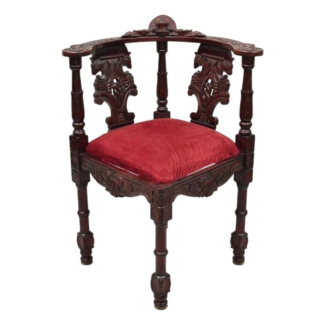 Late 20th Century Reproduction Italian Renaissance Style Mahogany Corner Side Chair W/ Carved Face For Sale