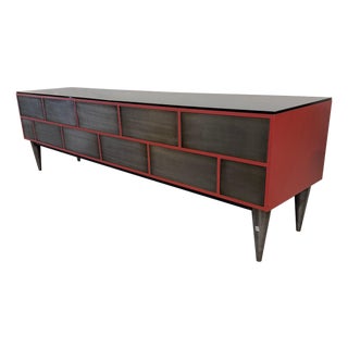1990s Custom 11 Drawer Credenza in Red with Brushed Steel Doors and Black Glass Top For Sale