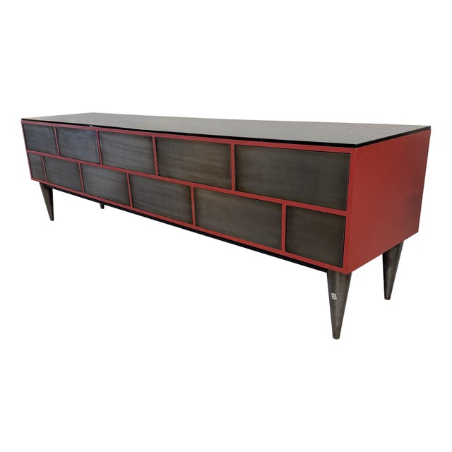 1990s Custom 11 Drawer Credenza in Red with Brushed Steel Doors and Black Glass Top For Sale