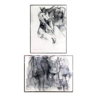 Monochromatic Abstract Nude Charcoal Sketches- a Pair For Sale