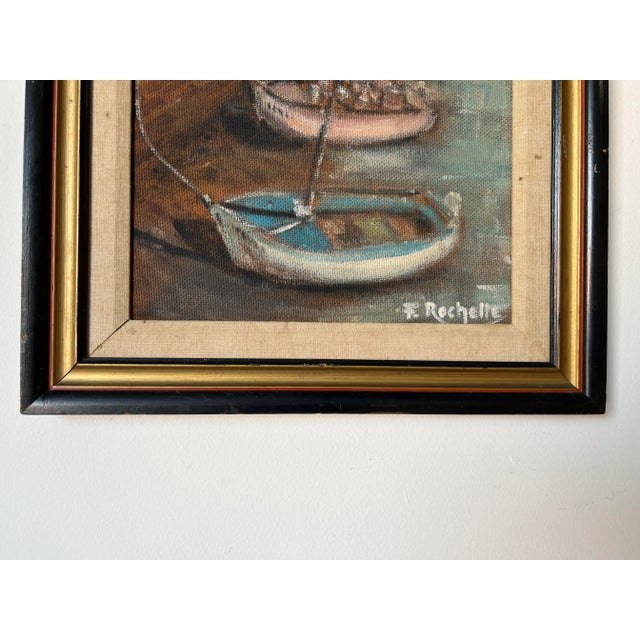 Brown 70's F. Rochelle Italian Village Corridor Harbor With Docked Boats Impressionist Oil Painting For Sale - Image 8 of 13